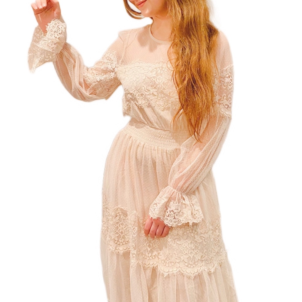 Boho Off White Long Sleeve Lace Midi Dress